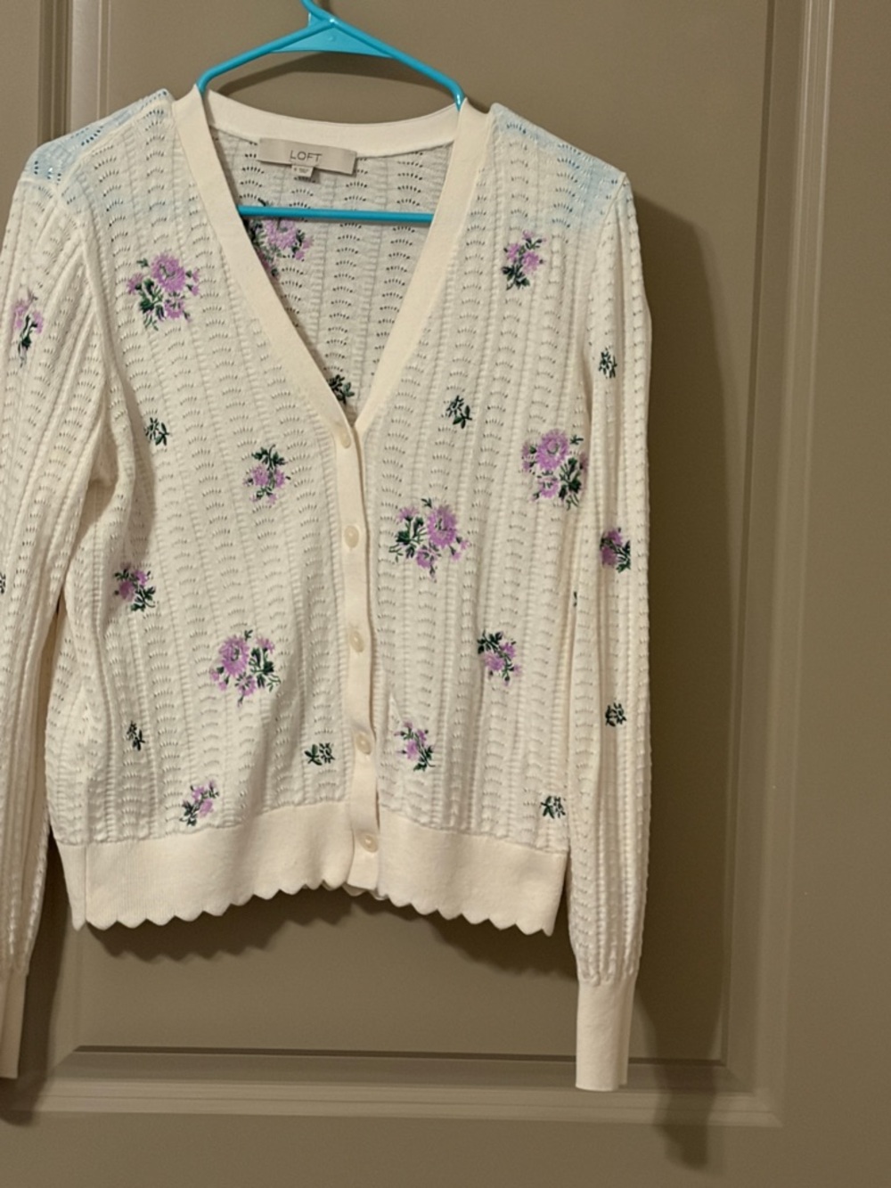 LOFT Cream Cardigan with Purple Floral Embroidery